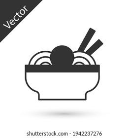 Grey Asian noodles in bowl and chopsticks icon isolated on white background. Street fast food. Korean, Japanese, Chinese food. Vector