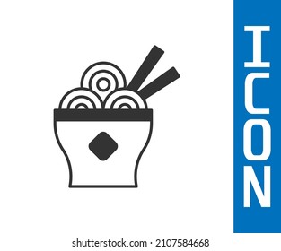 Grey Asian noodles in bowl and chopsticks icon isolated on white background. Street fast food. Korean, Japanese, Chinese food.  Vector