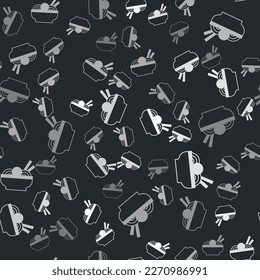 Grey Asian noodles in bowl and chopsticks icon isolated seamless pattern on black background. Street fast food. Korean, Japanese, Chinese food.  Vector