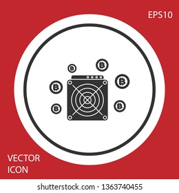 Grey ASIC Miner icon isolated on red background. Cryptocurrency mining equipment and hardware. Application specific integrated circuit. White circle button. Vector Illustration