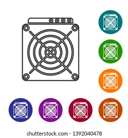 Grey ASIC Miner line icon on white background. Cryptocurrency mining equipment and hardware. Application specific integrated circuit. Set icon in color circle buttons. Vector Illustration