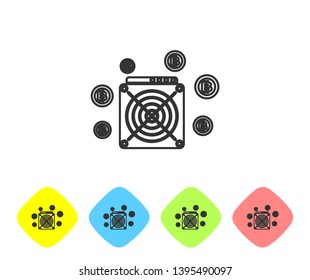 Grey ASIC Miner line icon on white background. Cryptocurrency mining equipment and hardware. Application specific integrated circuit. Set icon in color rhombus buttons. Vector Illustration