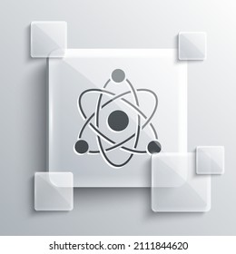 Grey Atom icon isolated on grey background. Symbol of science, education, nuclear physics, scientific research. Square glass panels. Vector