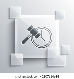 Grey Auction hammer icon isolated on grey background. Gavel - hammer of judge or auctioneer. Bidding process, deal done. Auction bidding. Square glass panels. Vector