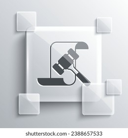 Grey Auction hammer icon isolated on grey background. Gavel - hammer of judge or auctioneer. Bidding process, deal done. Auction bidding. Square glass panels. Vector