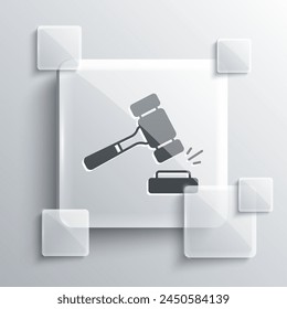 Grey Auction hammer icon isolated on grey background. Gavel - hammer of judge or auctioneer. Bidding process, deal done. Auction bidding. Square glass panels. Vector