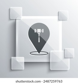 Grey Auction hammer icon isolated on grey background. Gavel - hammer of judge or auctioneer. Bidding process, deal done. Auction bidding. Square glass panels. Vector