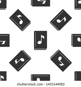 Grey Audio book icon isolated seamless pattern on white background. Musical note with book. Audio guide sign. Online learning concept.  Vector Illustration