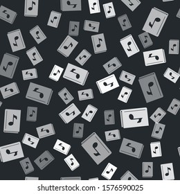 Grey Audio book icon isolated seamless pattern on black background. Musical note with book. Audio guide sign. Online learning concept.  Vector Illustration