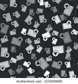 Grey Audio book icon isolated seamless pattern on black background. Play button and book. Audio guide sign. Online learning concept.  Vector Illustration