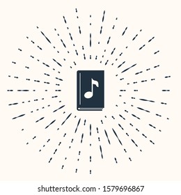 Grey Audio book icon isolated on beige background. Musical note with book. Audio guide sign. Online learning concept. Abstract circle random dots. Vector Illustration