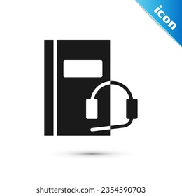 Grey Audio book icon isolated on white background. Book with headphones. Audio guide sign. Online learning concept.  Vector Illustration