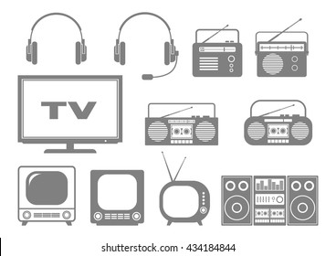 Grey audio and TV icons on white background 