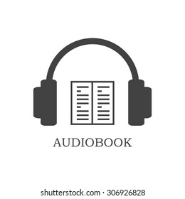 Grey audiobook icon on white background. Headphones and open book