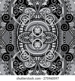grey authentic seamless floral geometric pattern, ethnic ukrainian carpet ornamental background, black and white vector illustration