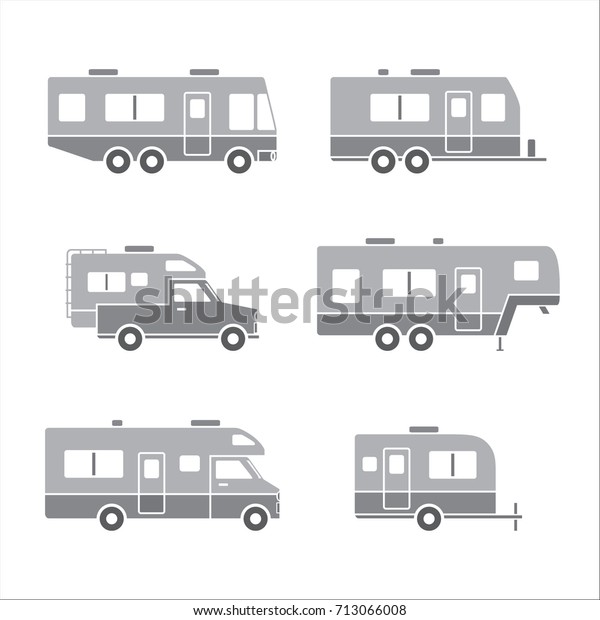 Grey auto RVs,\
Camper cars / vans, Truck Trailers, recreational vehicles vector\
icons, isolated on white\
background
