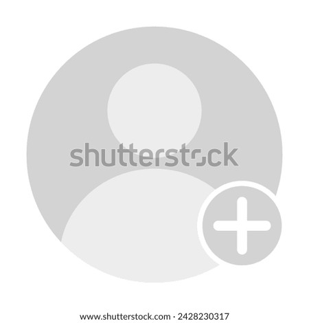Grey avatar with plus icon. Add photo, content, personal account, user, identity verification, blog, blogger, social network, influencer, video, story, media, reel. Vector illustration