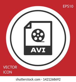 Grey AVI file document icon. Download avi button icon isolated on red background. AVI file symbol. White circle button. Vector Illustration