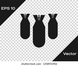 Grey Aviation bombs icon isolated on transparent background. Rocket bomb flies down. Vector Illustration