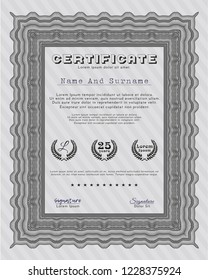 Grey Awesome Certificate template. Cordial design. Vector illustration. With guilloche pattern. 