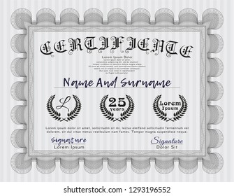 Grey Awesome Certificate template. With great quality guilloche pattern. Customizable, Easy to edit and change colors. Artistry design. 