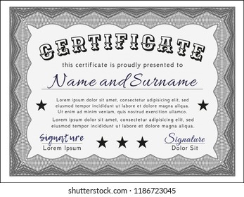 Grey Awesome Certificate template. Modern design. Vector illustration. With great quality guilloche pattern. 