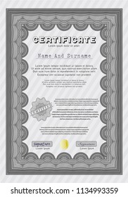 Grey Awesome Certificate template. Vector illustration. With great quality guilloche pattern. Artistry design. 