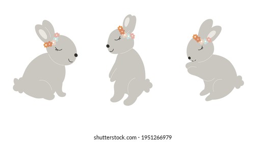  Grey Baby Bunnies with a floral wreath on head. Little Sleep Rabbit. Cute Easter Animal. Hares Vector Spring illustration isolated on background. Design for card, print, book, kids story.