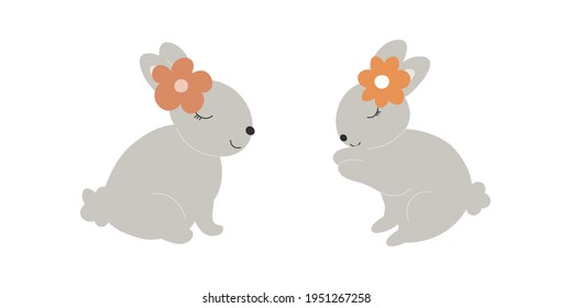 Grey Baby Bunnies with a flower on head. Little Sleep Rabbit. Cute Easter Animal. Hares Vector Spring illustration isolated on background. Design for card, print, book, kids story.