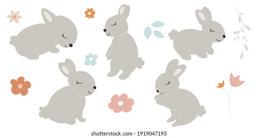 Grey Baby Bunnies.Spring Floral Elements with Little Rabbits. Cute Easter Bunny with Leaves and Flowers. Hares Vector Kids Illustration isolated on background. Design for card, print, book, kids story