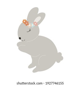 Grey Baby Bunny with a floral wreath on head. Little Rabbit Sleeping. Cute Easter Animal. Spring Hare Vector illustration isolated on background. Design for card, print, book, kids story.