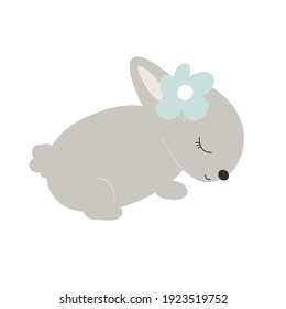 Grey Baby Bunny with a flower on head. Little Sleep Rabbit. Cute Easter Animal. Hares Vector  Spring illustration isolated on background. Design for card, print, book, kids story.