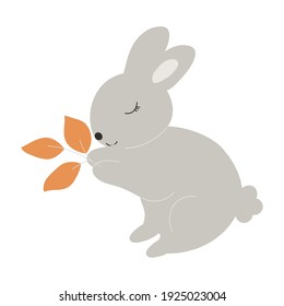 Grey Baby Bunny holds leaves in its paws. Little Rabbit. Cute Easter Animal. Hares Vector Kids Illustration isolated on background. Design for card, print, book, kids story