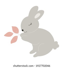 Grey Baby Bunny holds leaves in its paws. Little Rabbit. Cute Easter Animal. Hares Vector Kids Illustration isolated on background. Design for card, print, book, kids story