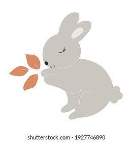 Grey Baby Bunny holds leaves in its paws. Little Rabbit. Cute Easter Animal. Hare Vector Illustration for Kids isolated on background. Design for card, print, book, kids story