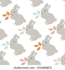 Grey Baby Bunny holds leaves in its paws seamless pattern. Little Rabbit. Cute Easter Animal. Hares Vector Kids Illustration isolated on background. Design for card, print, book, kids story	