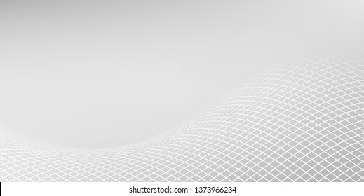 Grey backdrop with dynamic square halftone. Wavy grey square halftone background. Abstract monochrome illustrated graphic design.