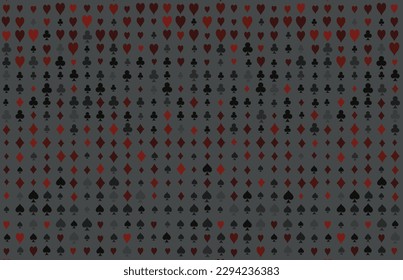 A grey backdrop with red and black card suits. 