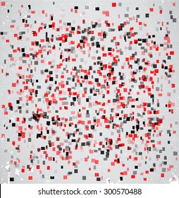 Grey background with black and red squares.