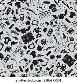 Grey background with black sport soccer symbols. Seamless football pattern design