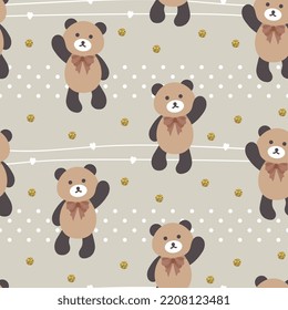 Grey background with brown teddy bear in a bow tie with golden dots, forest animals kid seamless pattern background for wrapping paper, fabric and textile print.