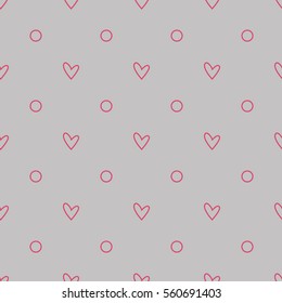Grey background with contour pink hearts polka dots. Seamless vector pattern eps 10. Simple repeating texture. For Valentine's Day and Wedding. Gift wrap, print, fabric, textile retro fond.