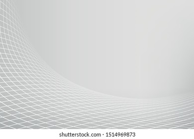 Grey background with curved grids. Dynamic gray square halftone background. Abstract monochrome illustrated vector design.