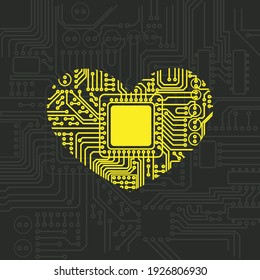 Fondo gris con patrón de placa de circuito eléctrico y silueta del montón. Fondo de pantalla de amor digital virtual