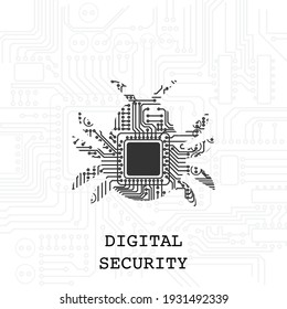 Grey background with electrical circuit board and black bug silhouette. Code and scheme error symbol wallpaper