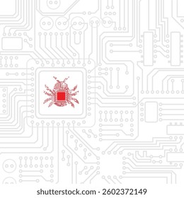 Grey background with electrical circuit board and yellow bug silhouette. Code and scheme error symbol wallpaper