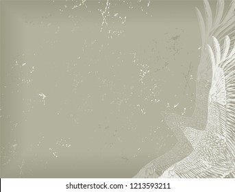Grey background with feathers white pattern. Grunge backdrop for the tattoo salon. horizontal vintage banner with silhouette flying birds. to be used for invitation card, greeting card. Boho chic