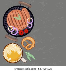 Grey background with Grilled sausages and glass of beer. Place for you text. Top view Vector illustration eps 10
