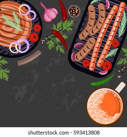 Grey background with Grilled sausages and glass of beer. Place for you text. Top view Vector illustration eps 10