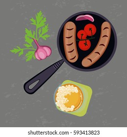 Grey background with Grilled sausages and glass of beer. Place for you text. Top view Vector illustration eps 10